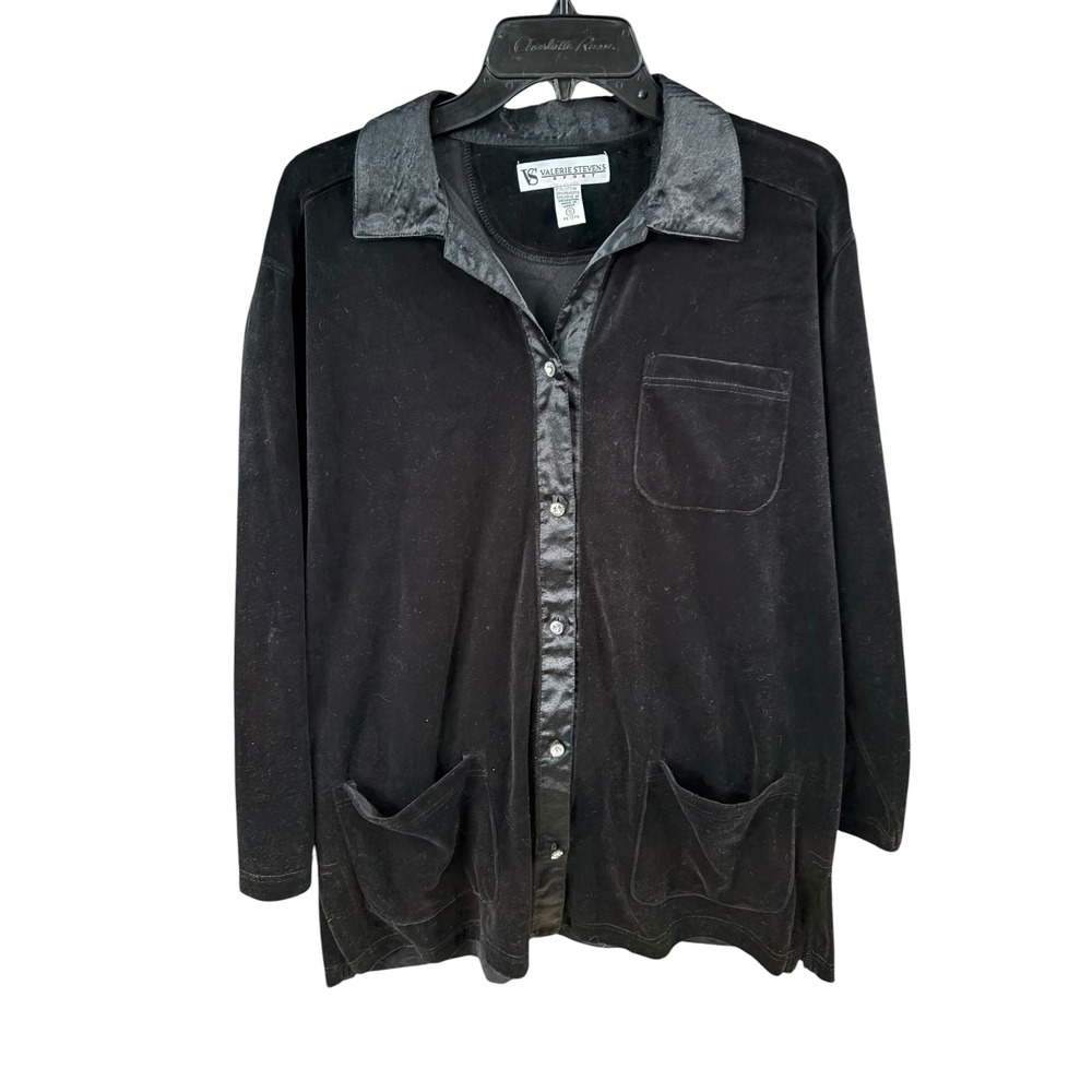 Valerie Stevens Sport Womens Small Black Velour Satin Trim Button Up Cardigan